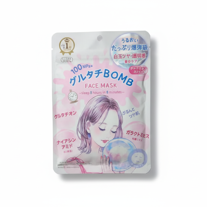 Gelatin face mask packaging with a cartoon illustration of a woman on a white background